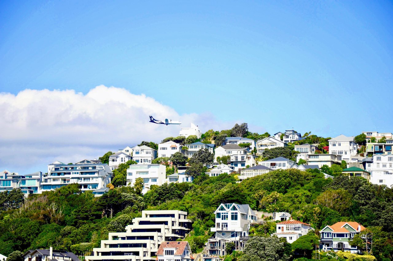 Wellington City During the Day, Air NZ Plane in sky.